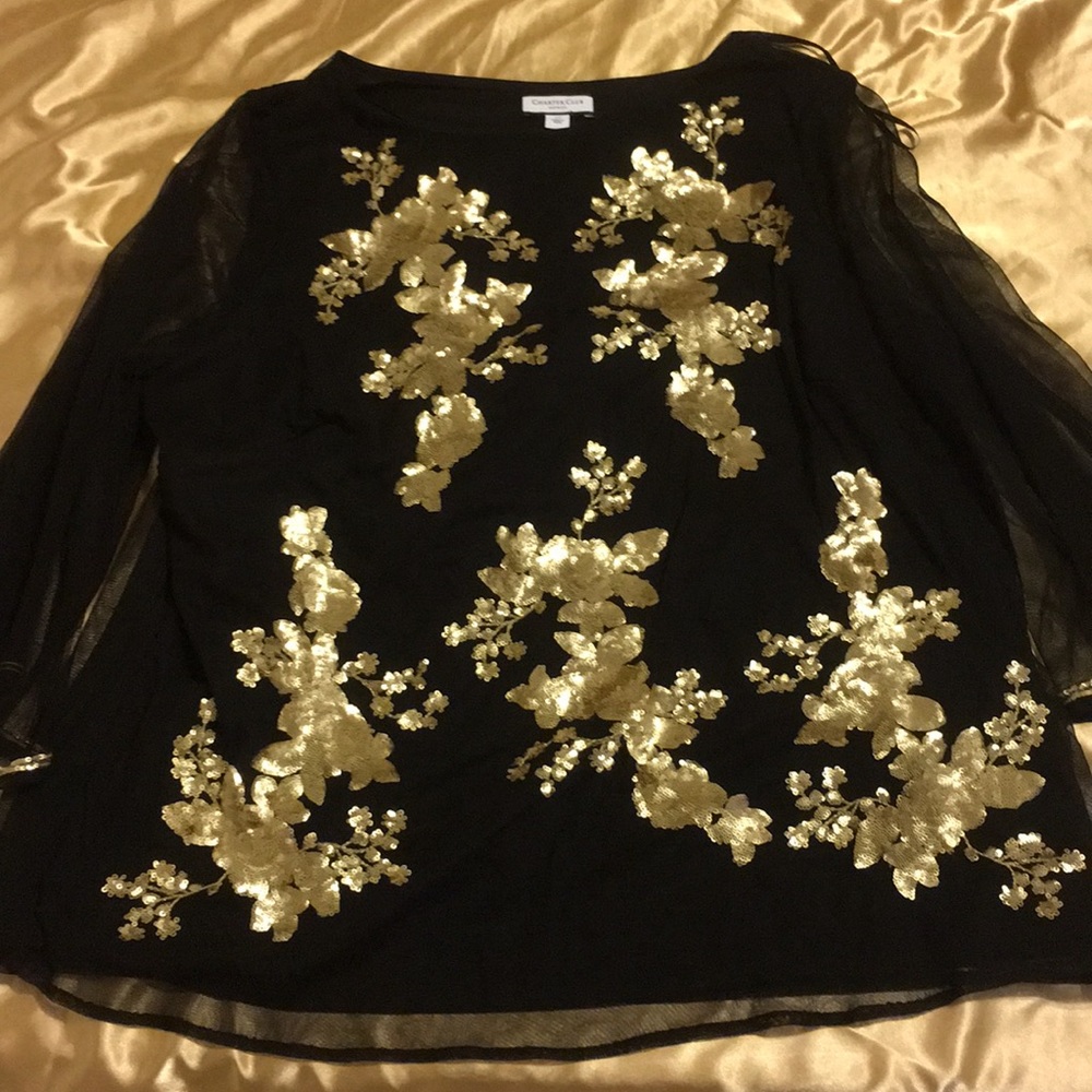 Black shirt with gold and mesh sleeves